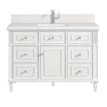 James Martin Vanities 48'' Single Vanity, Bright White w/ Single Hole 3 CM White Zeus Quartz Top & Backsplash 424-V48-BW-1WZ